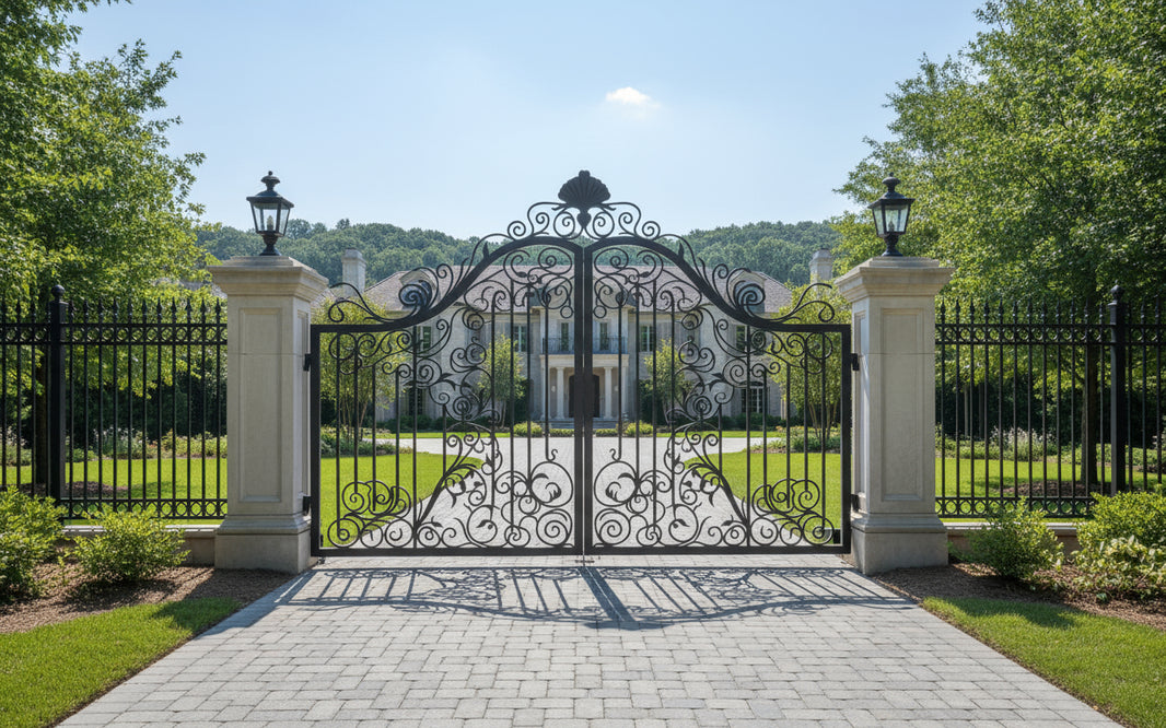 Shell-crest Elegance – Wrought Iron Gate with Floral Scrolls Model # DWG130