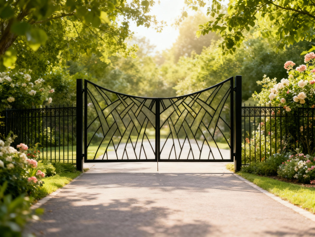 Waveweave Axis – Decorative Metal Gate with Interwoven Curved Bar Design Model # DWG131