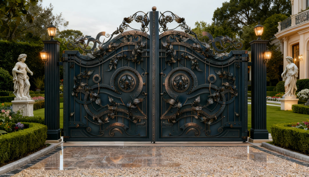 Silverleaf Nocturne – Midnight Blue Wrought Iron Gate with Floral Scrollwork Model # 133
