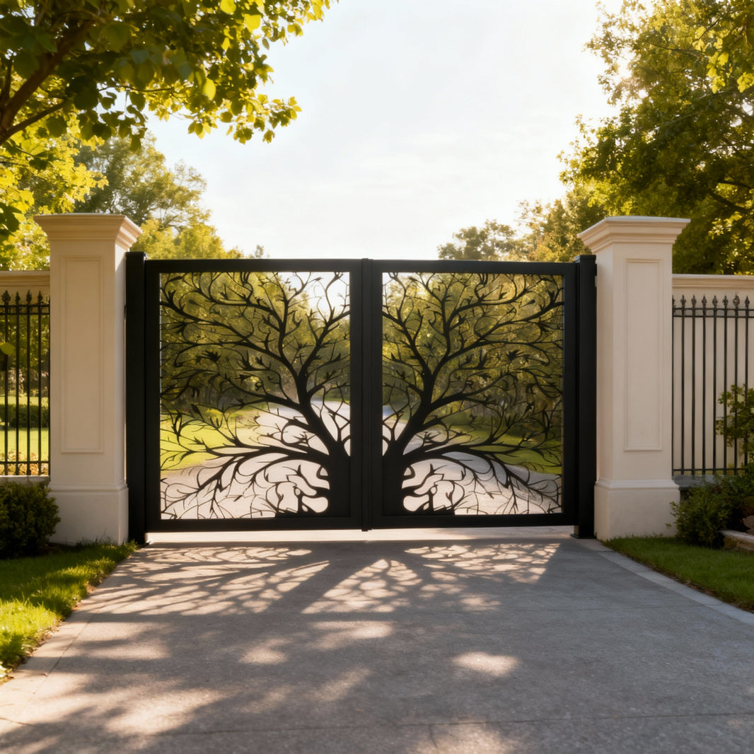 Tree veil Reverie – Wrought Iron Gate with Branching Silhouette & Leaf Motifs Model # DWG135