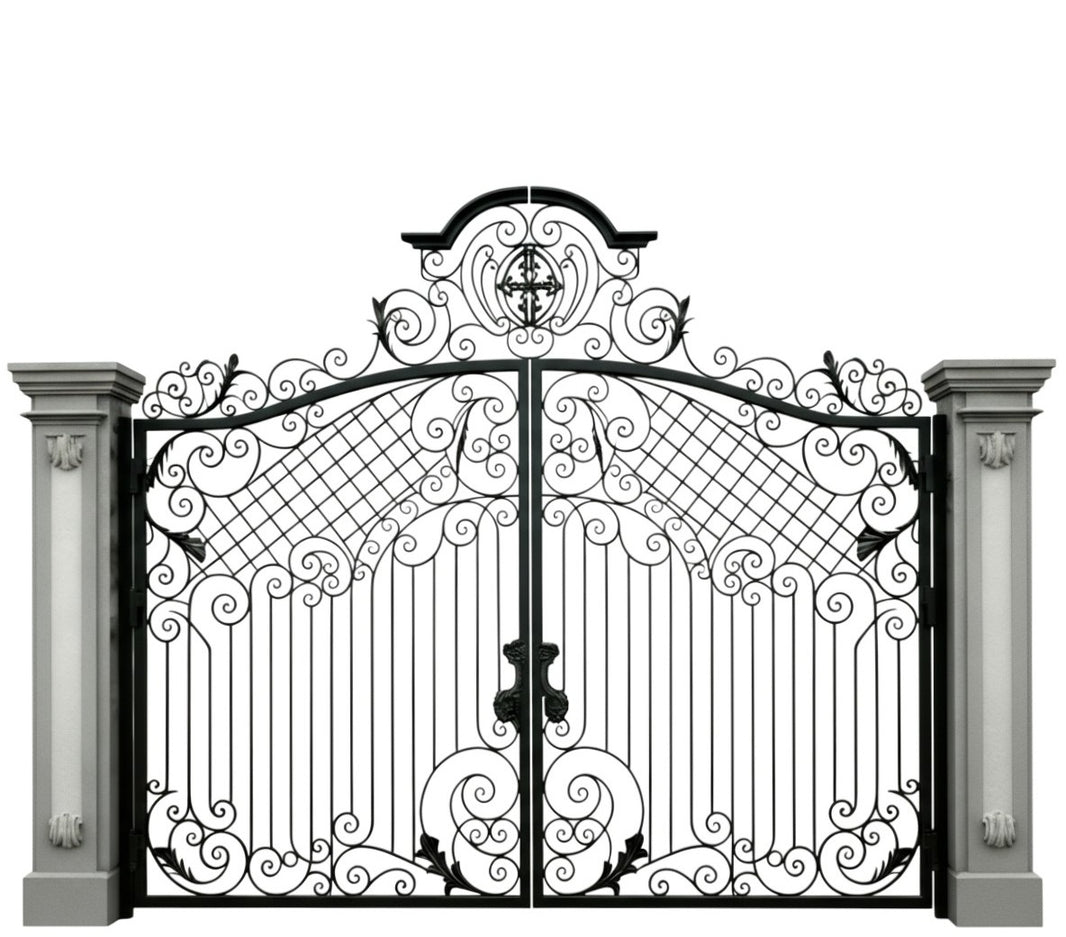 Crestveil Manor – Wrought Iron Gate with Lattice Panels & Emblem Arch Model # DWG136