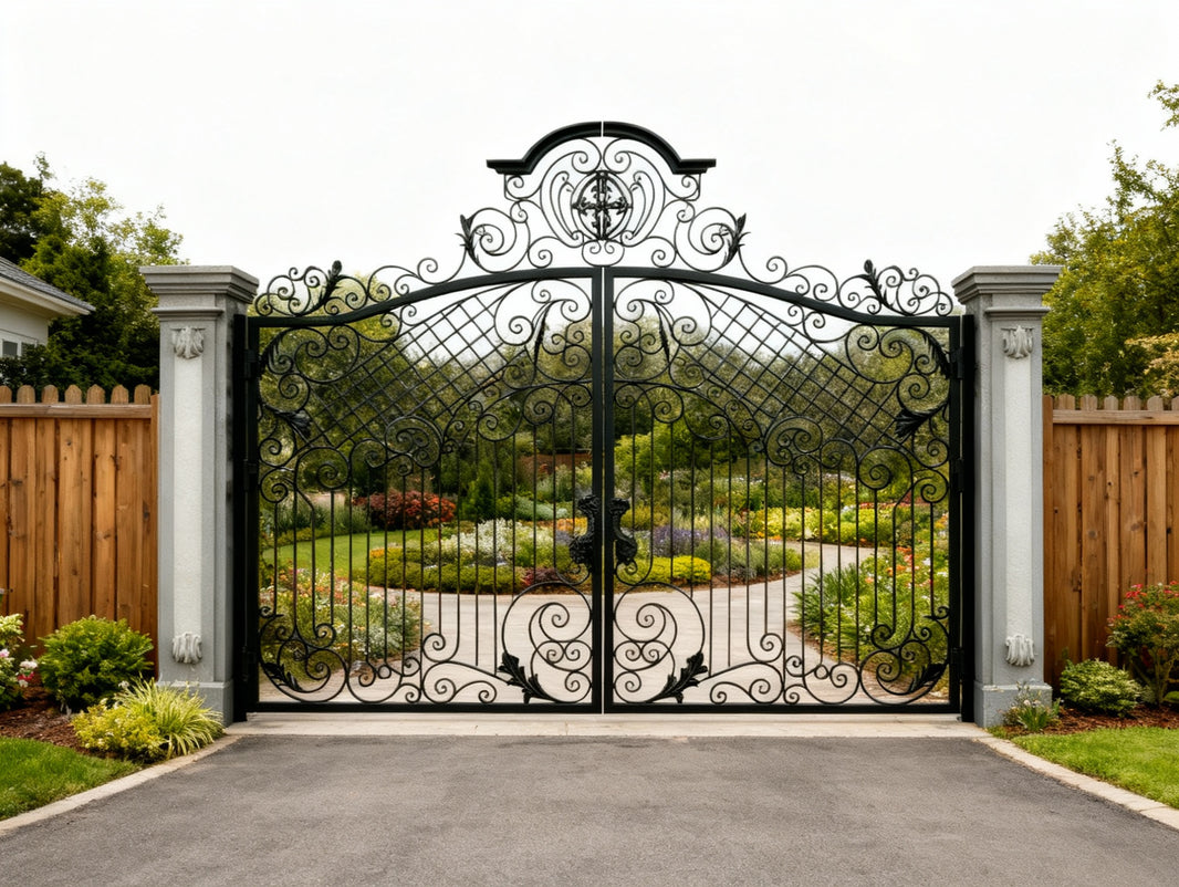 Crestveil Manor – Wrought Iron Gate with Lattice Panels & Emblem Arch Model # DWG136