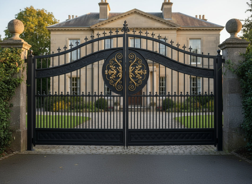 Regal crest Dominion – Wrought Iron Gate with Gold Emblem Panels Model # DWG138