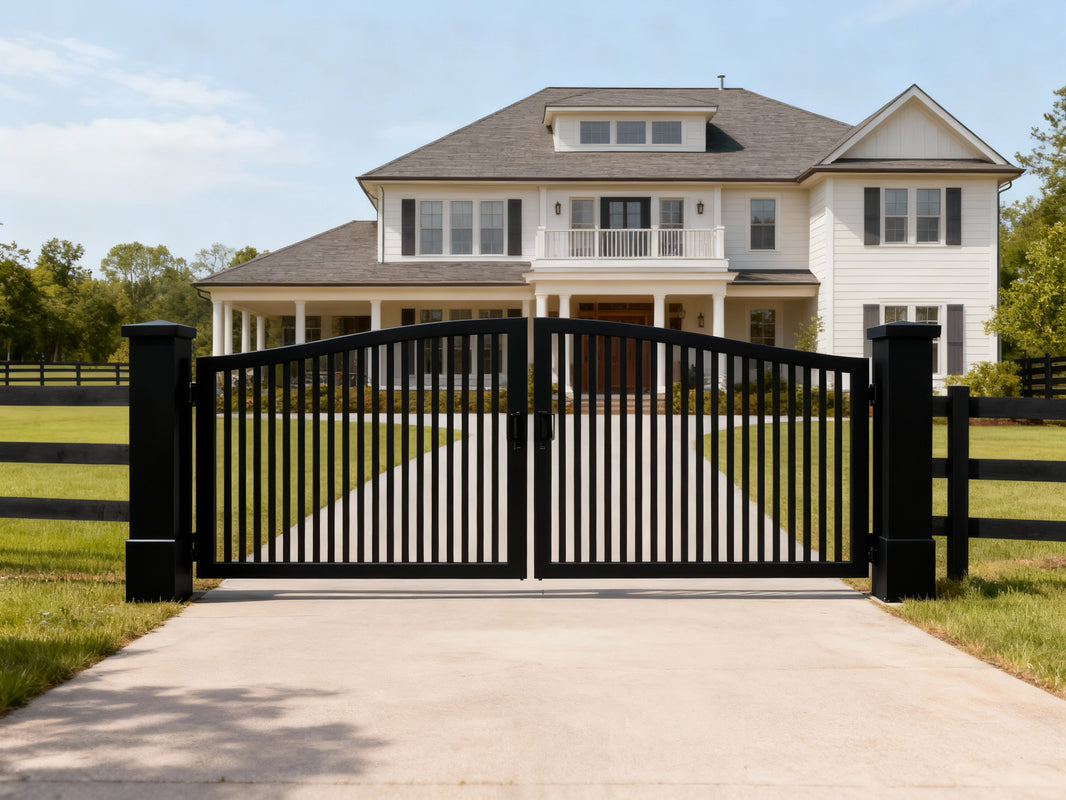 Stratus Line Estate Gate – Black Metal Gate with Arched Top & Vertical Bars Model # DWG139