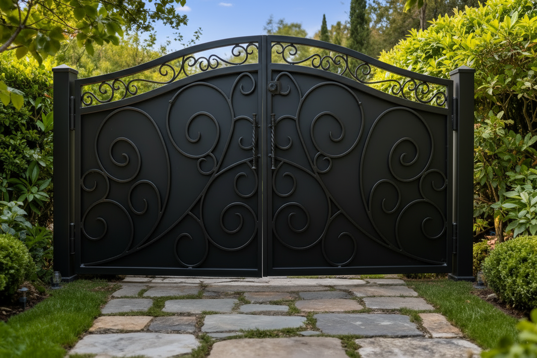 Modern Artistic Emboss Work Block Metal Driveway Gate | Custom Fabricated Metal Entry Gate  Model # DWG142