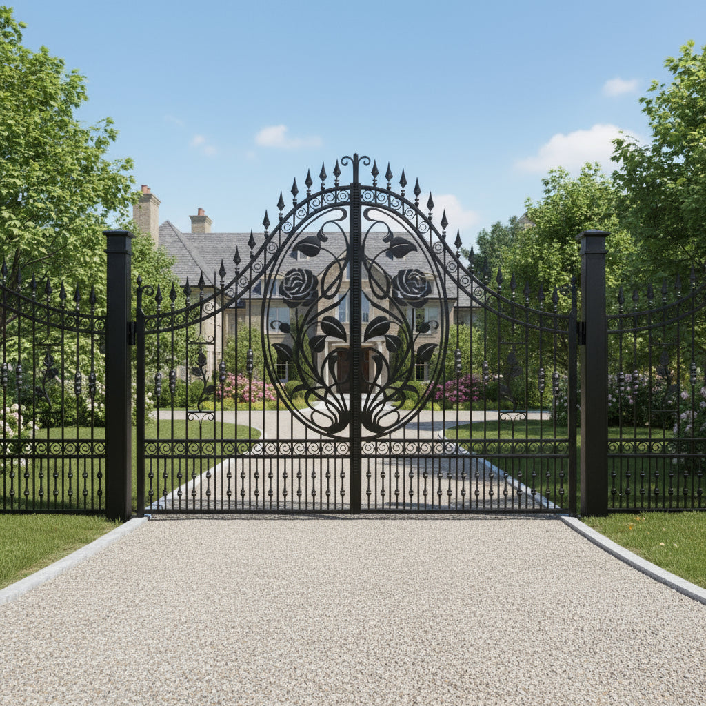 Rosaria Crest gate – Wrought Iron Gate with Twin Roses & Finial Arch Model # DWG143