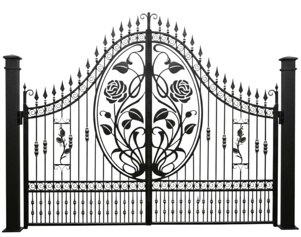 Rosaria Crest gate – Wrought Iron Gate with Twin Roses & Finial Arch Model # DWG143