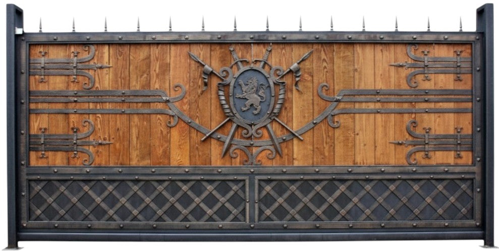 Shieldspire Drive – Ornamental double-panel wood-and-iron driveway gate with medieval crest work, riveted frame, and crisscross lattice base Model # DWG1431