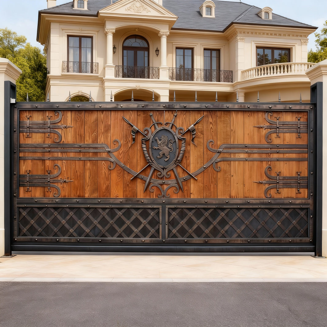 Shieldspire Drive – Ornamental double-panel wood-and-iron driveway gate with medieval crest work, riveted frame, and crisscross lattice base Model # DWG1431