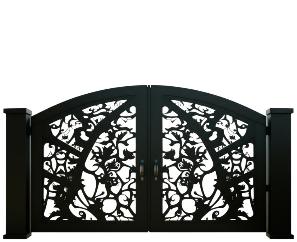 Floravine Aria – Wrought Iron Gate with Floral Scrolls & Arched Crown Model # DWG145