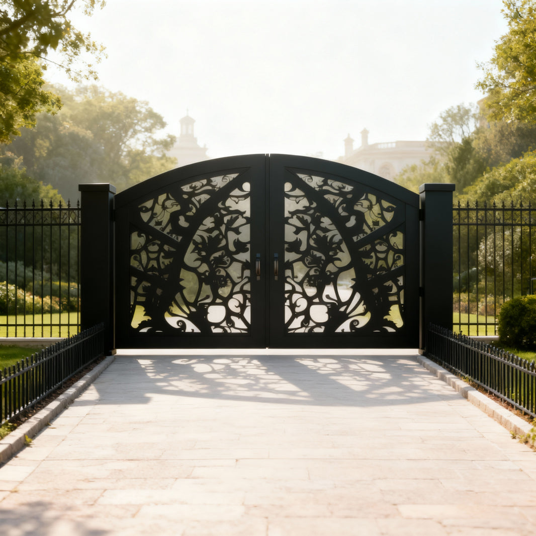 Floravine Aria – Wrought Iron Gate with Floral Scrolls & Arched Crown Model # DWG145