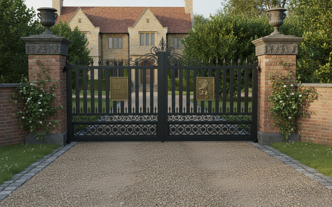 Regal Thorn crest – Scrollwork Wrought Iron Gate with Urn-Topped Brick Pillars Model # DWG146