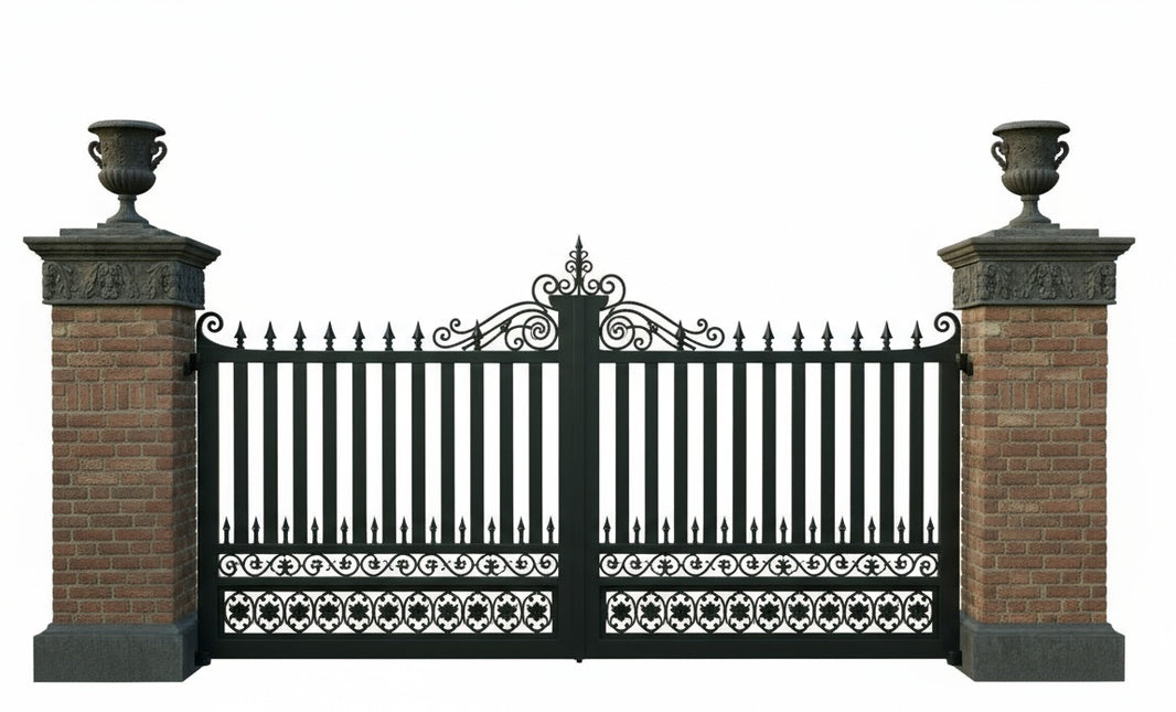Regal Thorn crest – Scrollwork Wrought Iron Gate with Urn-Topped Brick Pillars Model # DWG146