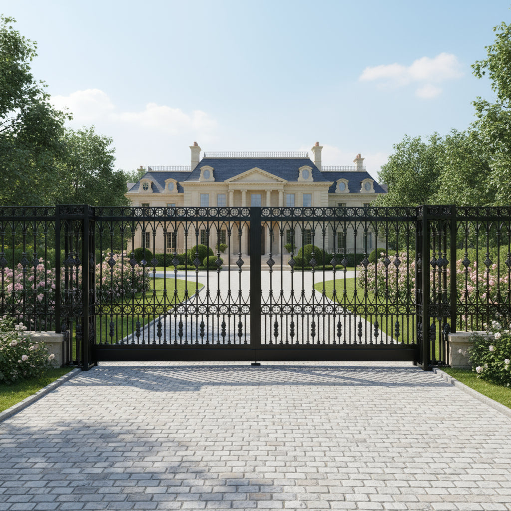Finial path Estate Gate – Wrought Iron Gate with Scrollwork & Landscape Framing Model # DWG148