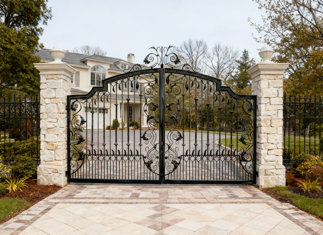 Ornamental Crest gate – Wrought Iron Gate with Scroll Panels Model # DWG149