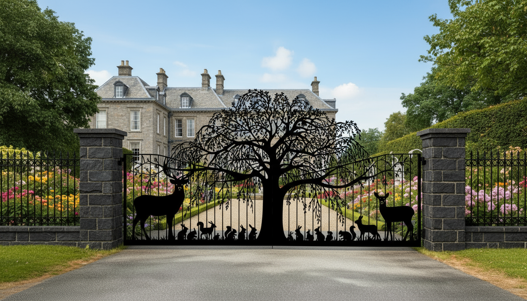 Laser Cut Forest heart Legacy – Wildlife Silhouette Wrought Iron Driveway Gate Model # DWG150