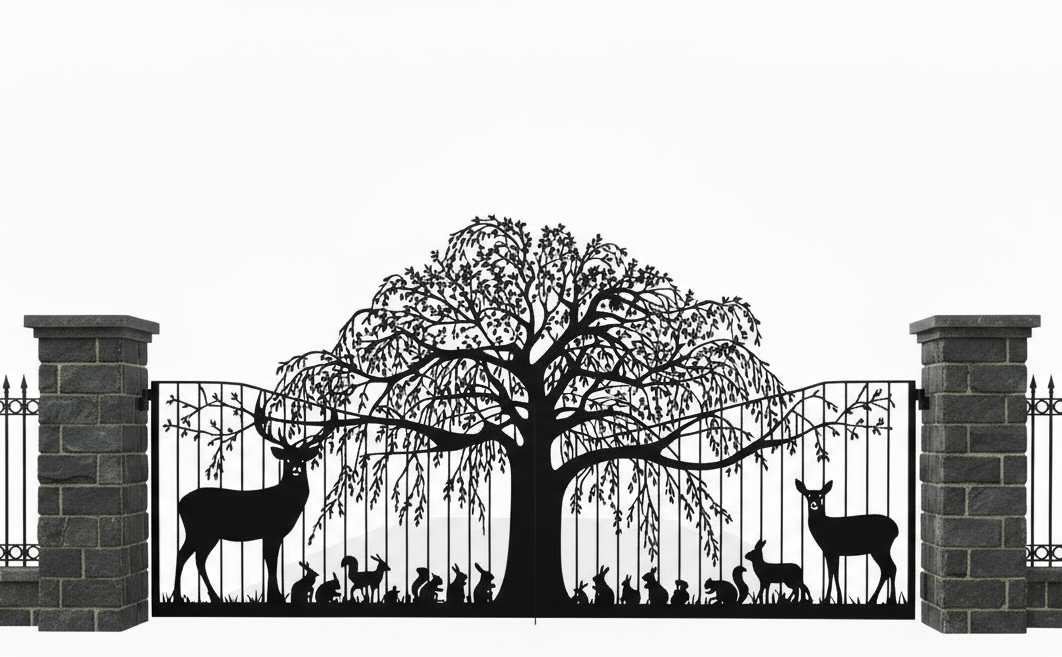 Laser Cut Forest heart Legacy – Wildlife Silhouette Wrought Iron Driveway Gate Model # DWG150