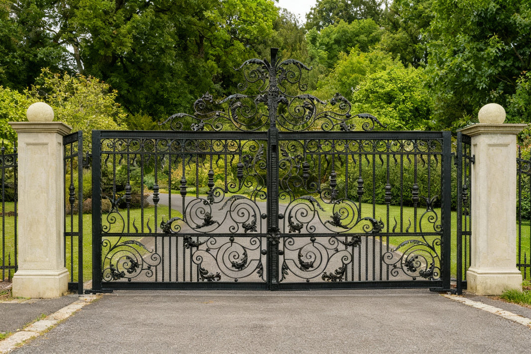 Crest vale Arbor – Wrought Iron Gate with Vine Scroll Panels Model # DWG151