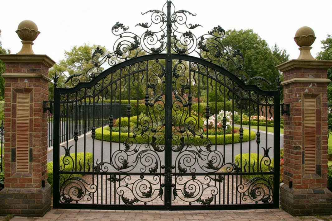 Urncrest Passage – Wrought Iron Gate with Vine Scroll Panels Model # DWG152