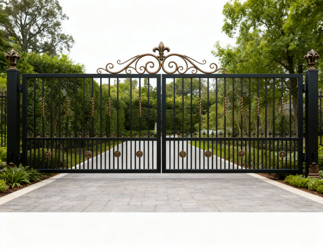 Gilded Crestline – Wrought Iron Gate with Gold Twists & Fleur-de-Lis Crown Model # DWG155