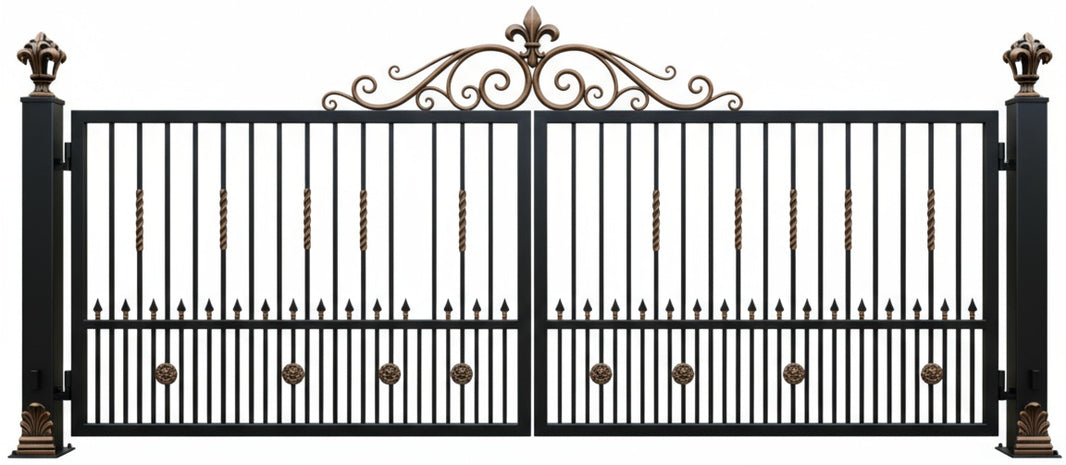 Gilded Crestline – Wrought Iron Gate with Gold Twists & Fleur-de-Lis Crown Model # DWG155