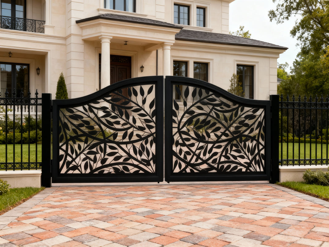 Fleur-veil Arbour – Ornate Wrought Iron Gate with Leaf Scrolls & Fleur-de-Lis Crest Model # DWG162