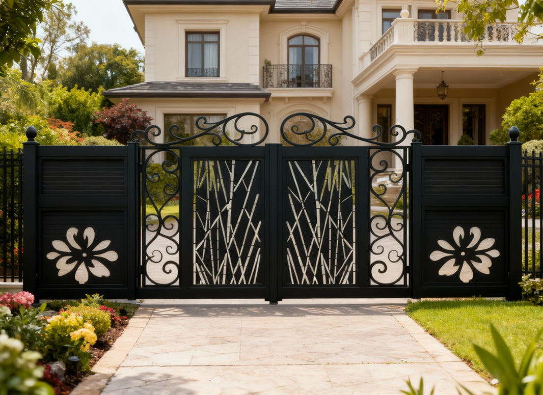 Flora bamboo Scroll gate – Decorative Metal Gate with Bamboo & Floral Motifs Model # DWG163
