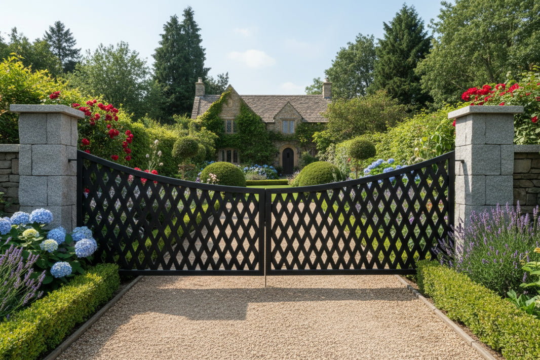 Diamond fall Entry – Wrought Iron Gate with Lattice Panels Model # DWG167