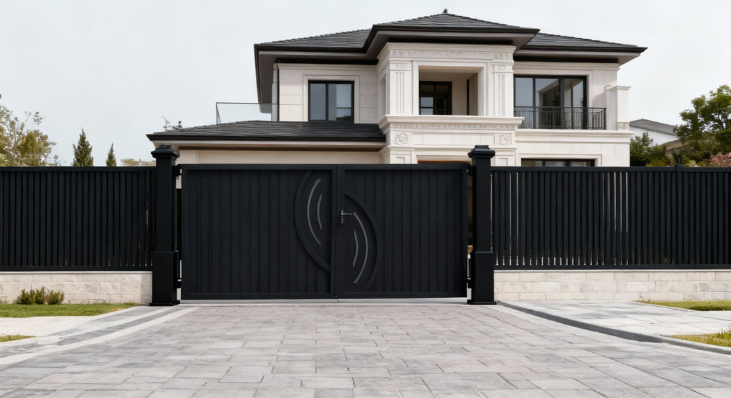 Curveframe Axis – Modern Metal Gate with Vertical Slats & Curved Overlay Model # DWG169