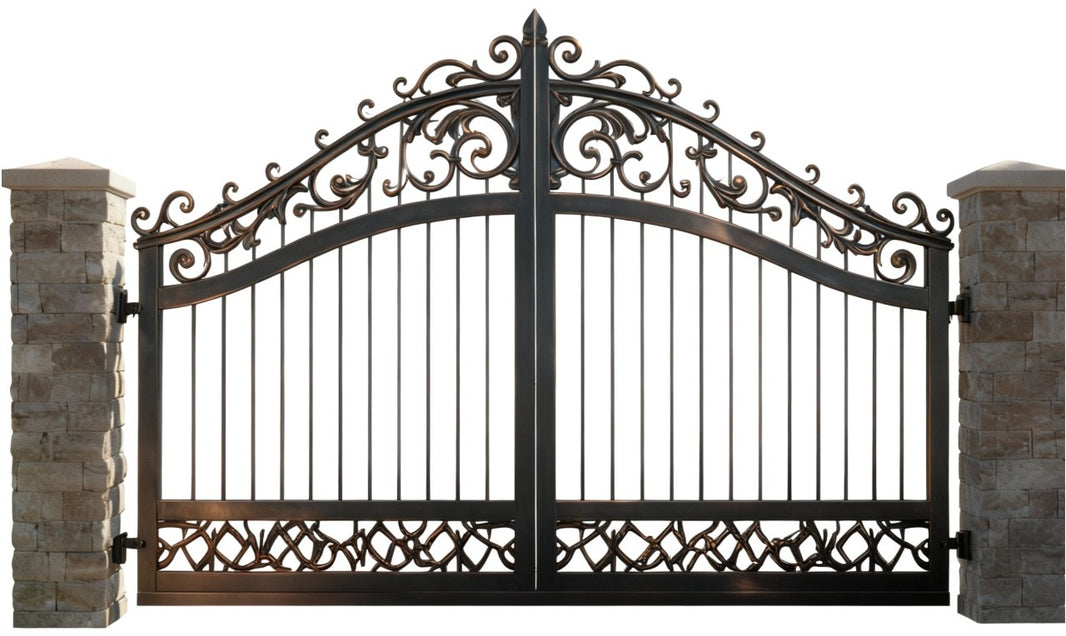 Scroll-veil Estate Gate – Ornate Wrought Iron Gate with Interwoven Base & Classical Arch Model # DWG171