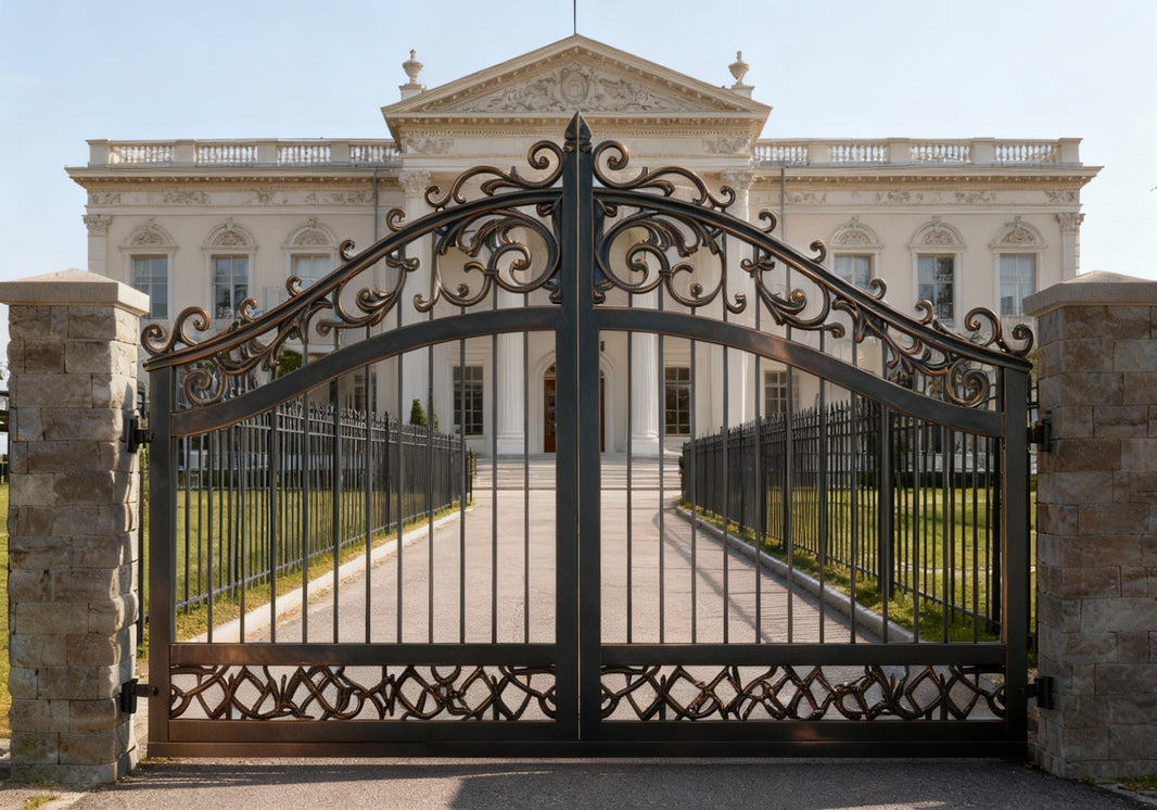 Scroll-veil Estate Gate – Ornate Wrought Iron Gate with Interwoven Base & Classical Arch Model # DWG171