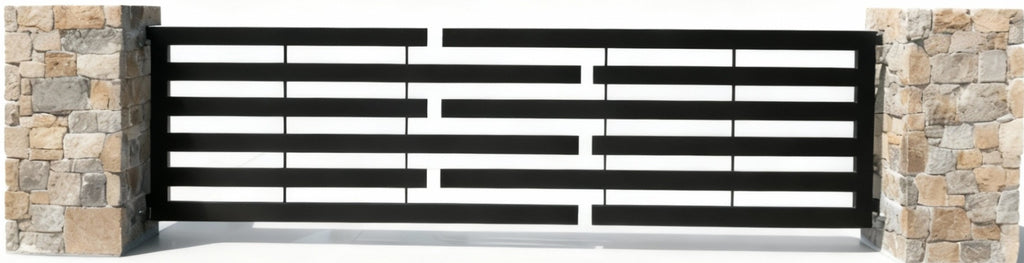 Strata Line Modern – Staggered Horizontal Slat Steel Driveway Gate Mod
