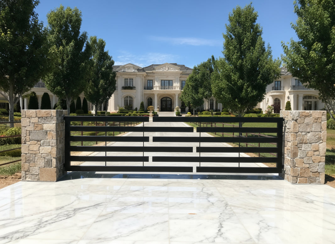 Strata Line Modern – Staggered Horizontal Slat Steel Driveway Gate Model # DWG172