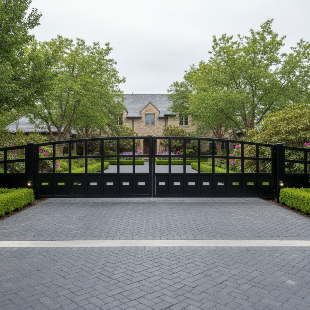 Gridline Crest – Arched Top Dual-Texture Steel Driveway Gate Model # DWG173