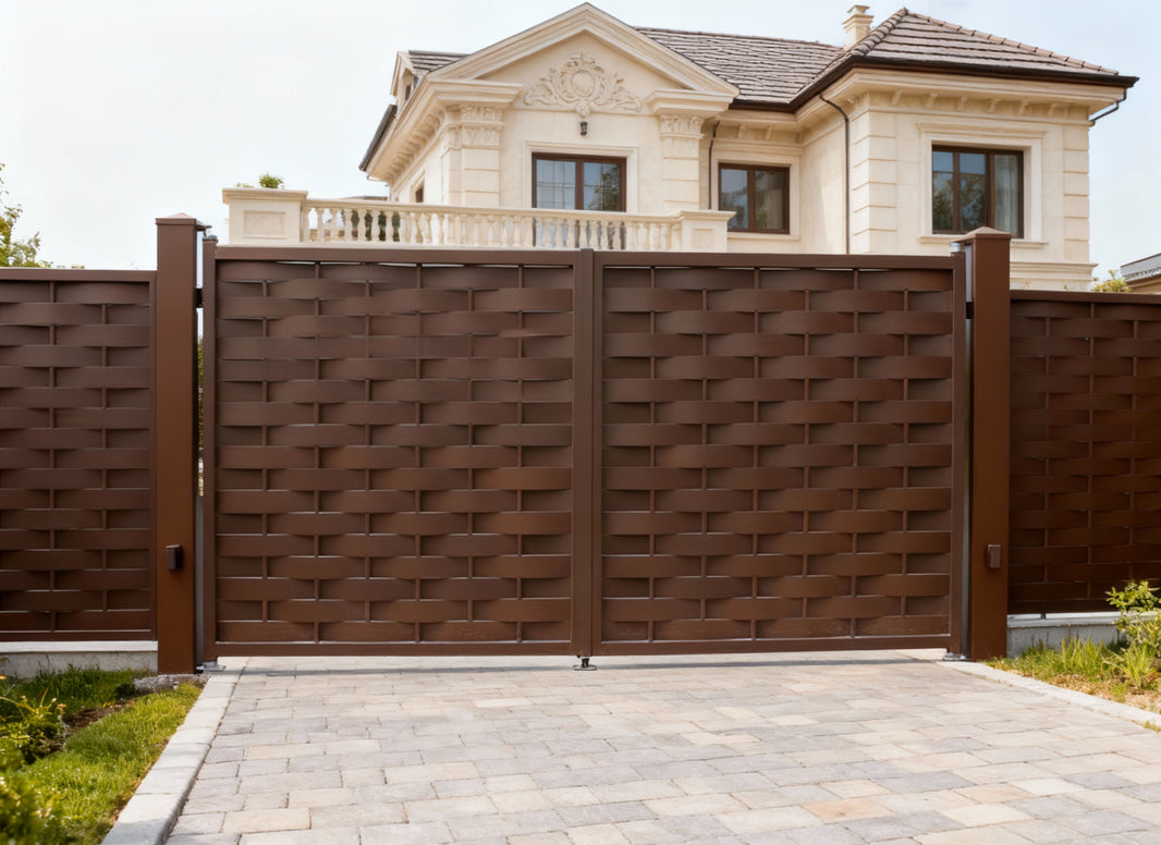 Woven Steel Estate Gate | Textured Metal Design with Bronze Finish Model # DWG175