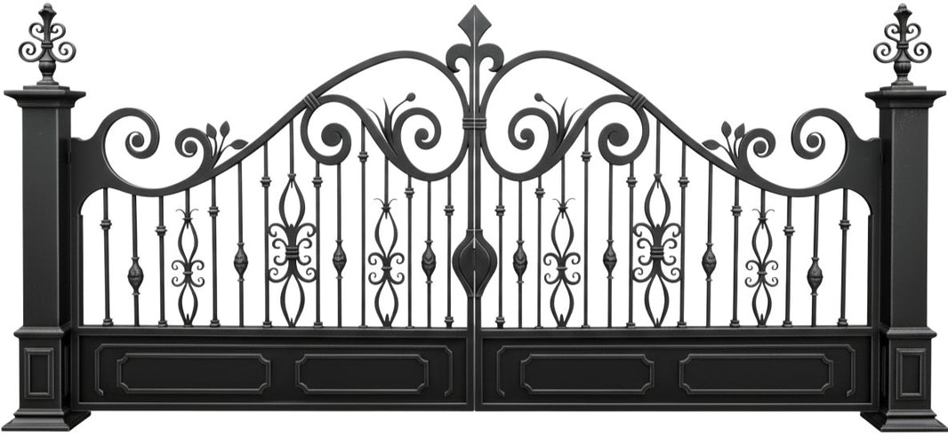 Spiralcrest Dominion – Wrought Iron Gate with Spear Finials & Raised Panel Base Model DWG177
