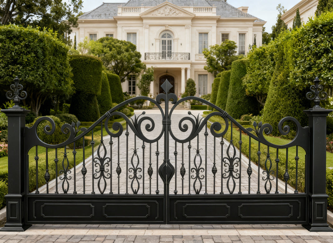Spiralcrest Dominion – Wrought Iron Gate with Spear Finials & Raised Panel Base Model DWG177