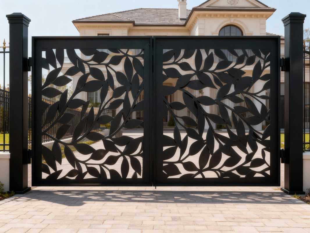 Leafveil Harmony – Decorative Metal Gate with Stylized Leaf Cutouts Model # DWG178