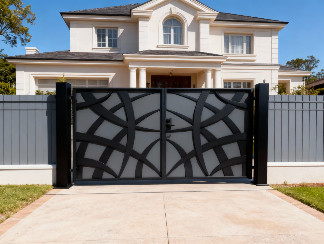 Arcweave Axis – Modern Metal Gate with Curved Overlay & Vertical Slats Model # DWG180