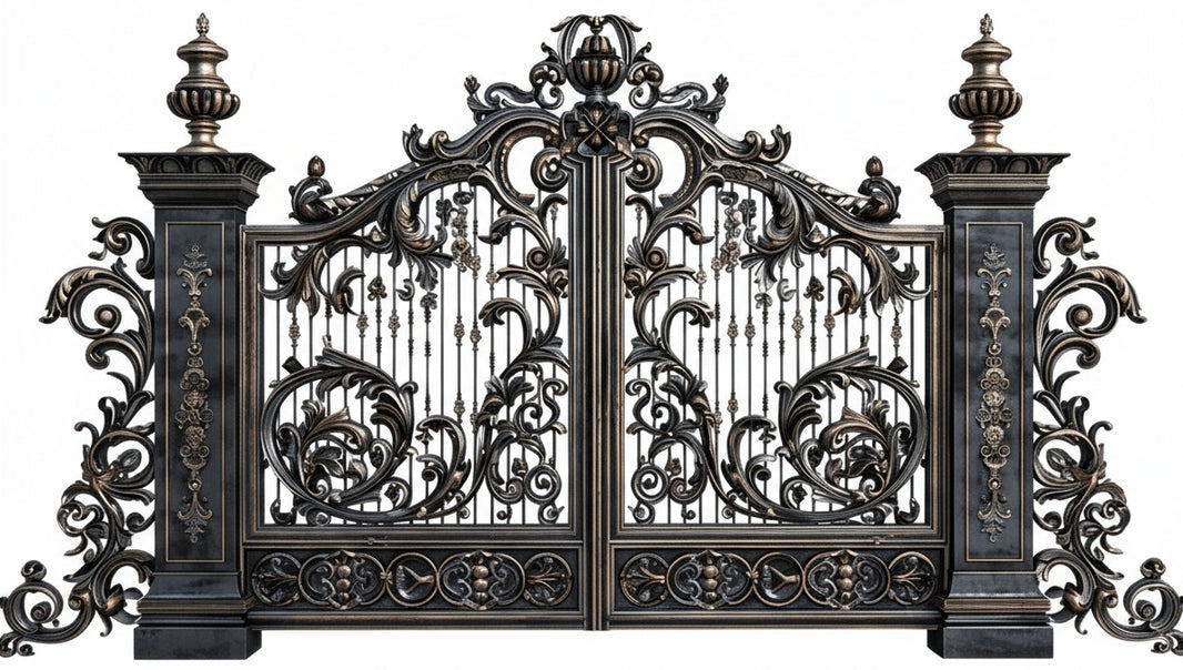 Imperium Fleurcrest – Ornate Wrought Iron Gate with Scrollwork & Urn Finials Model # DWG181