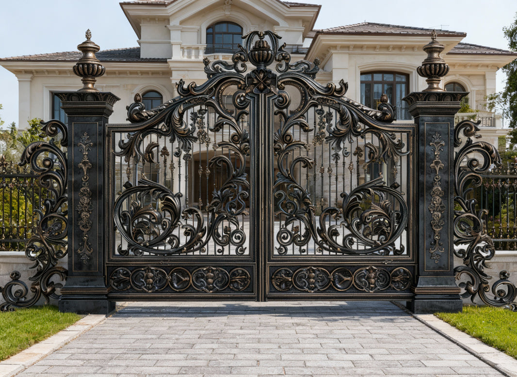 Imperium Fleurcrest – Ornate Wrought Iron Gate with Scrollwork & Urn Finials Model # DWG181