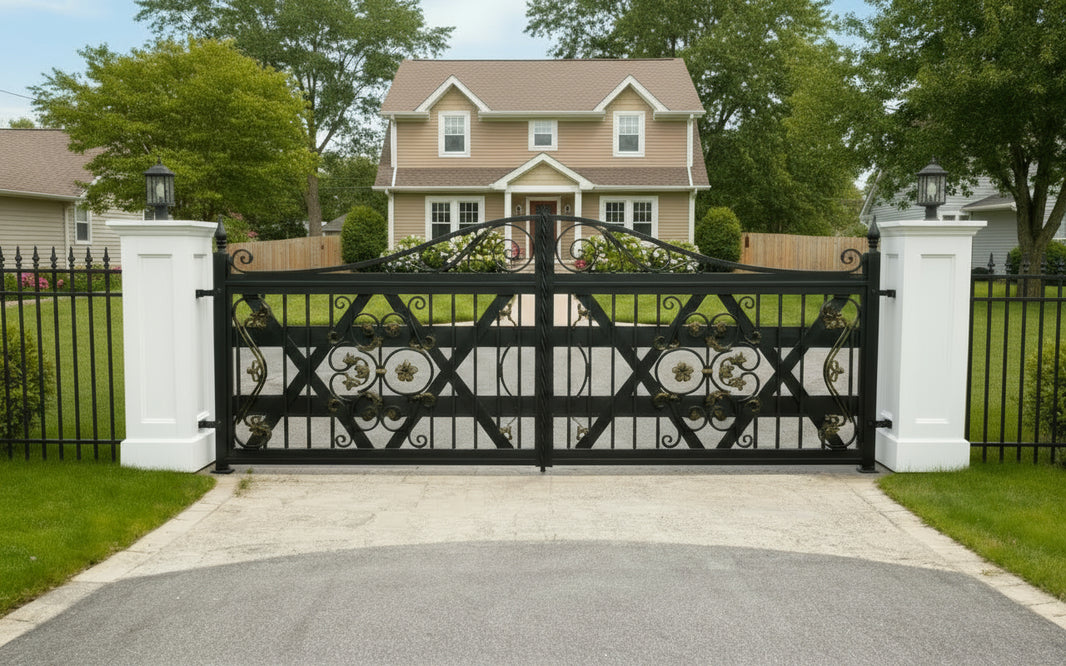 Imperial Crest – Gold-Accented Scrollwork Wrought Iron Driveway Gate Model # DWG182