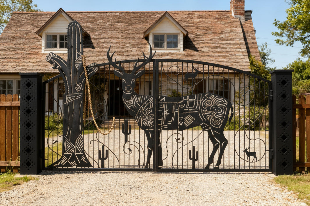 Desert Sentinel – Wrought Iron Gate with Geometric Deer & Cactus Motifs Model # DWG185