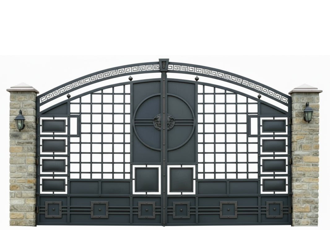 Medallion Key crest – Wrought Iron Gate with Greek Key Arch  Model # DWG186