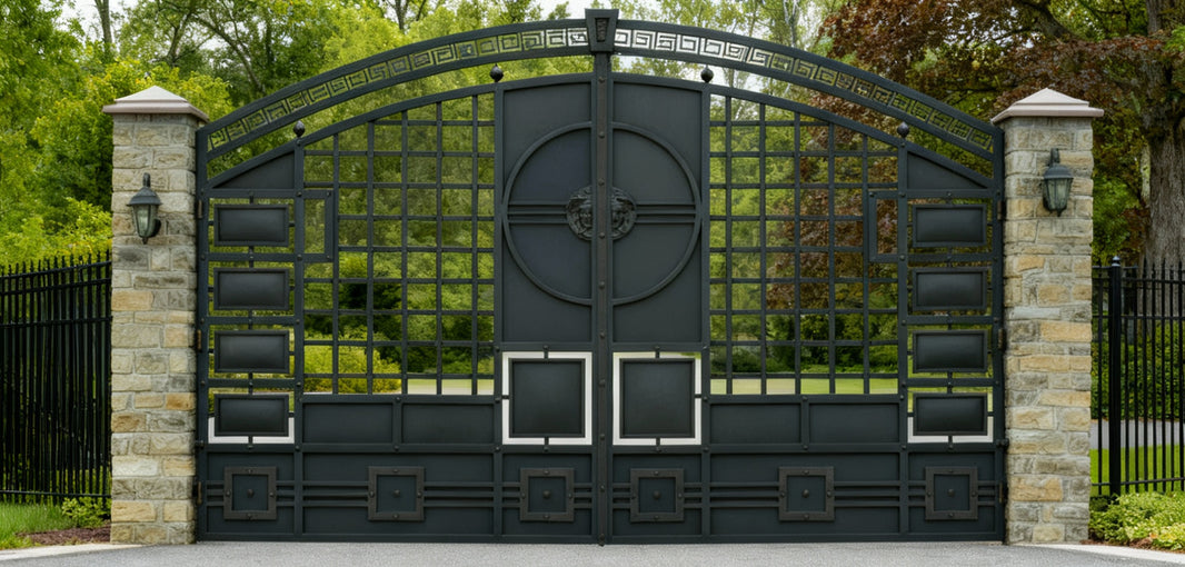 Medallion Key crest – Wrought Iron Gate with Greek Key Arch  Model # DWG186