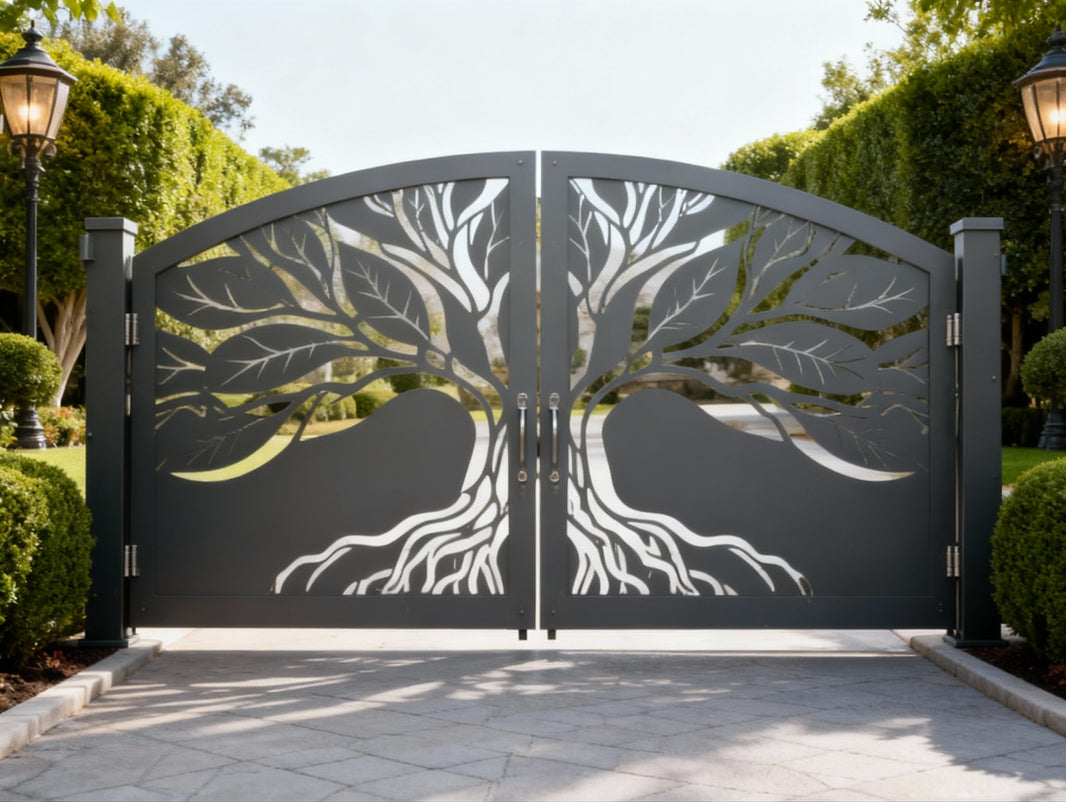 Root line Unity — Wrought Iron Gate with Split Tree Silhouette Model # DWG187