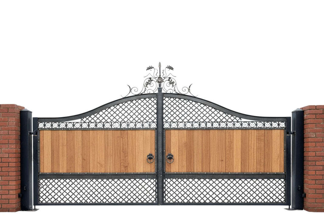 Timberlace Haven – Wrought Iron & Wood Gate with Floral Scroll Arch Model DWG188