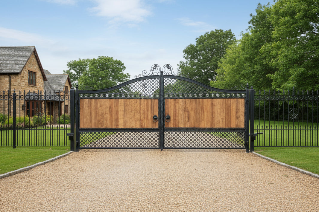 Timberlace Haven – Wrought Iron & Wood Gate with Floral Scroll Arch Model DWG188