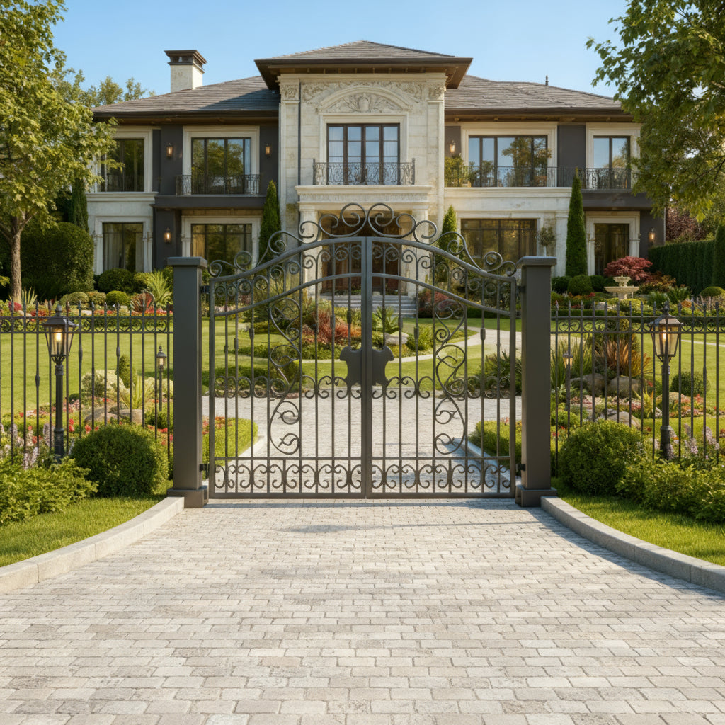 Arche line Scroll – Arched Top Scrollwork Wrought Iron Driveway Gate Model # DWG189