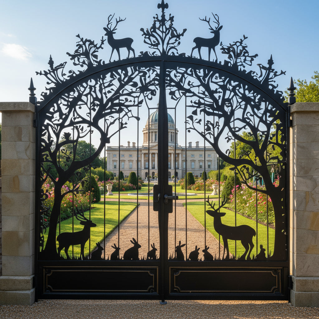 Crown wood Preserve Ornamental Wildlife Wrought Iron Driveway Gate Model # DWG190